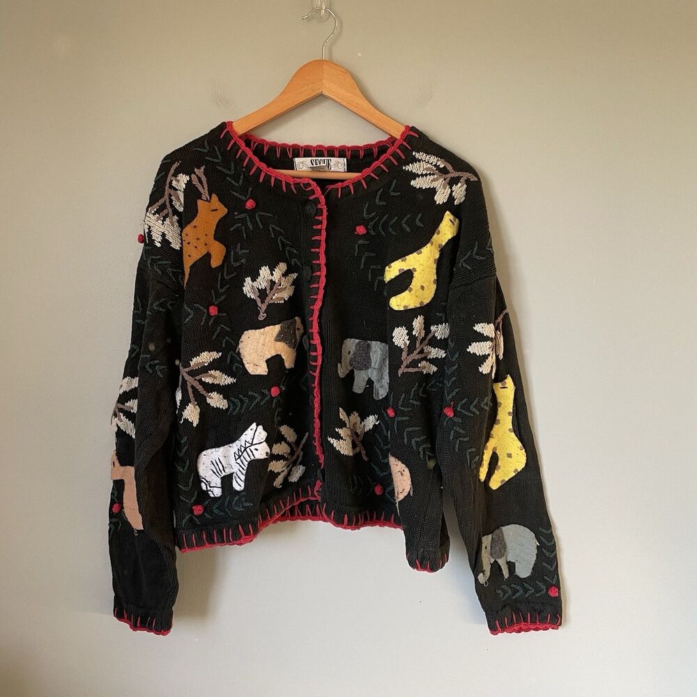 Segue Vtg Cardigan Sweater Zoo Animals Print Ramie Cotton Blend Black Size Large